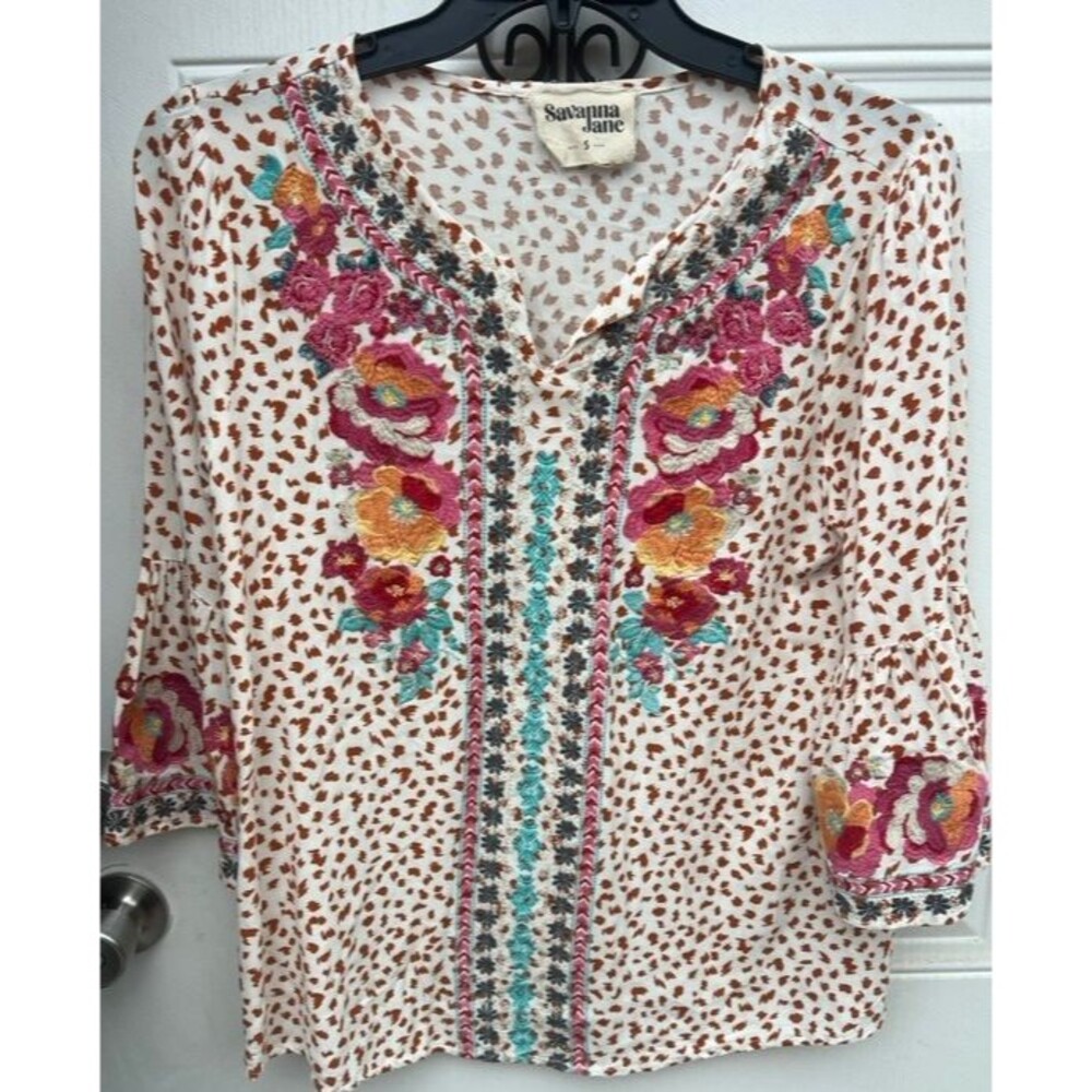 Savanna Jane Boho Animal Print Floral Embroidered Bell Sleeve Blouse Shirt Small